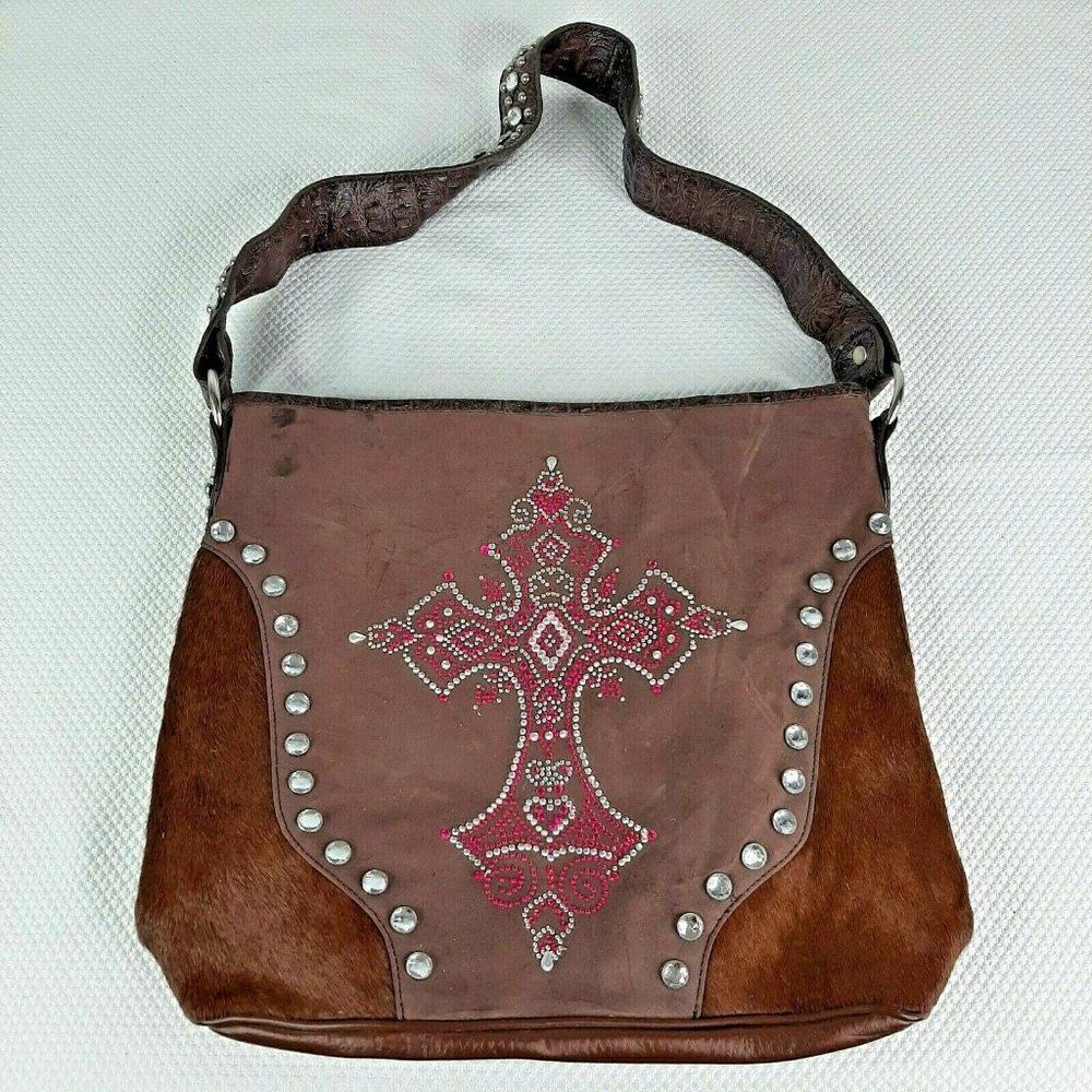 New BHW Shoulder Bag Purse Brown Bling Pink Cross Suede Calf Hair Western